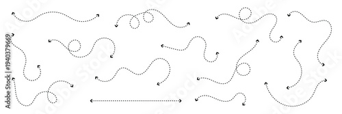 Set of double squiggle line dashed arrows. Dash curved vector editable stroke arrows . Vector Illustration .EPS 10 .