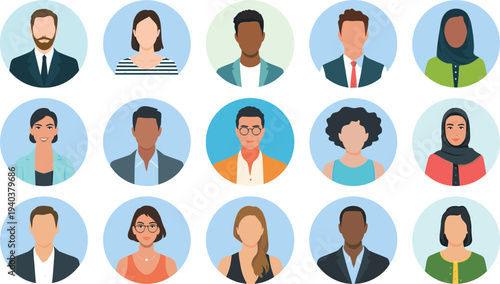 WebDiverse professional people avatar collection, multiracial group of men and women in flat vector style for business profile icons.