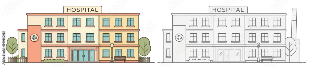 Obraz premium Old vintage steam engine locomotive with oil details sits before a set of urban apartment buildings and historic European architecture featuring a classic roof and window design in a vector illustrate