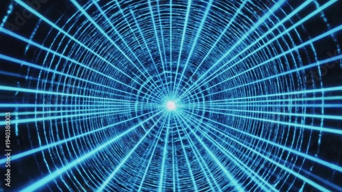 Abstract neon light background. Multiple blue laser waves form a radiating mesh of concentric stripes, producing a vibrant sci-fi backdrop with energy and depth. 3d render illustration