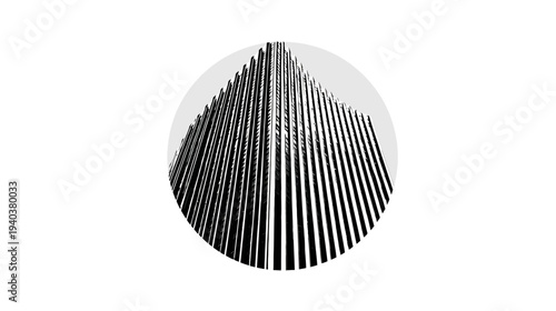 An upward angled view of a skyscraper encapsulated within a white border, starkly contrasting its form