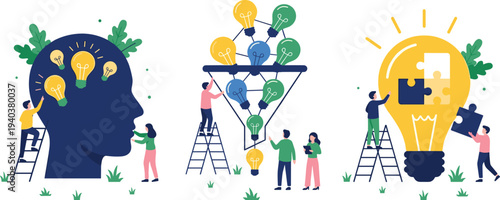 WebMega collection of business people icons, office teamwork illustrations, confused characters with question marks, and creative lightbulb idea generation concepts.