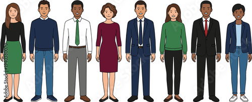 WebMulticultural business team standing together in formal and casual attire, diverse professional group, corporate community, leadership and workforce inclusivity illustration.