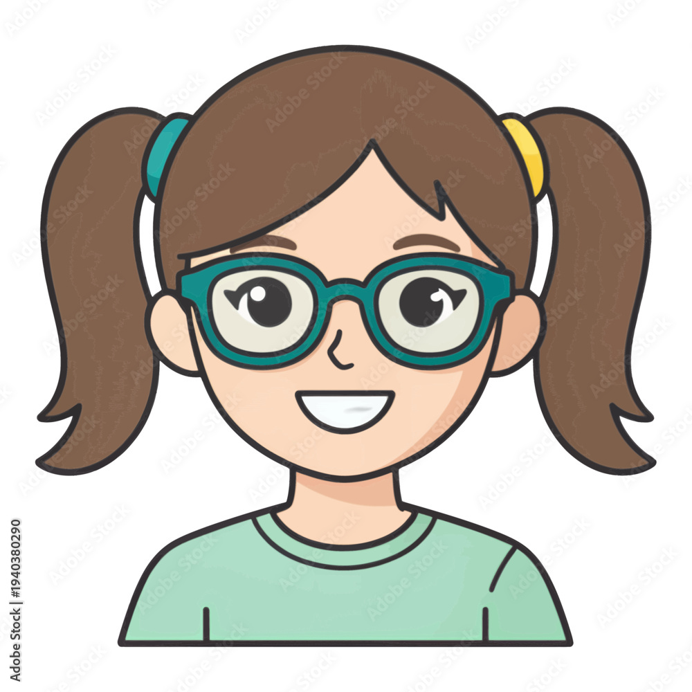 Fototapeta premium Girl With Glasses and Pigtails Flat UI Icon for App UI