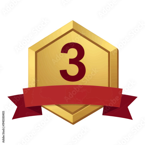 Gold Medal Badge With Number Three 3D Icon for App UI