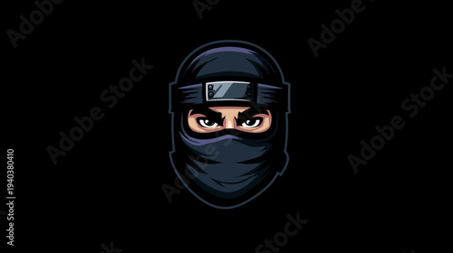 A headshot of a masked figure with intense eyes, wearing a black face covering and headgear