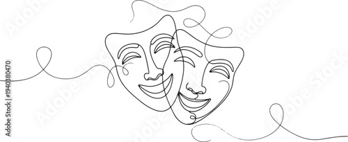 Comedy and tragedy theater masks in a minimal continuous line art style.