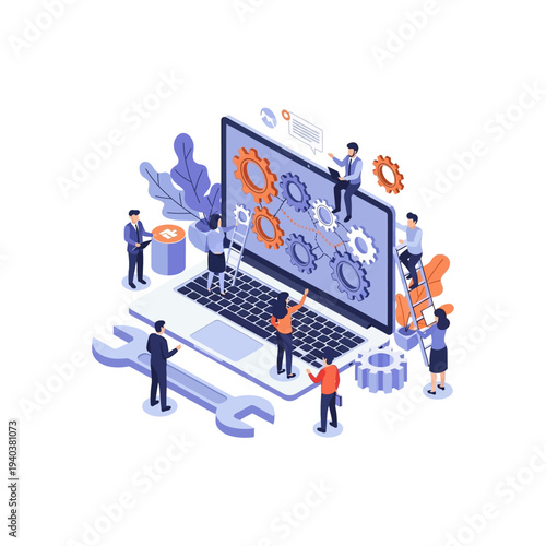 Isometric illustration of a team of small people working on a giant laptop, symbolizing system maintenance and development.
