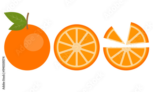 Fresh orange fruit vector set on transparent background. Whole, wedges and sliced orange for food blogs, beverage packaging, nutritional infographics, and healthy lifestyle content