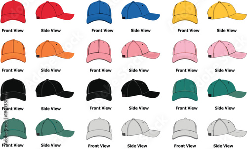 Multicolor Baseball Hats Collection. Trendy Sports Cap Illustration for Apparel Design.