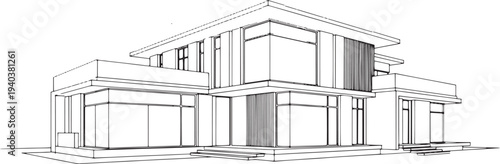 Modern luxury house exterior architectural drawing in a clean minimal line art style.