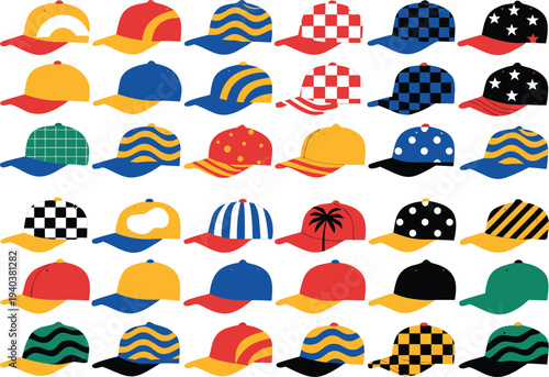 Multicolor Baseball Hats Collection. Trendy Sports Cap Illustration for Apparel Design.