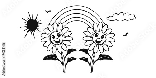 Two smiling sunflowers under a rainbow