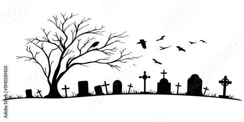 A haunting graveyard scene with a bare tree flying birds and various tombstones