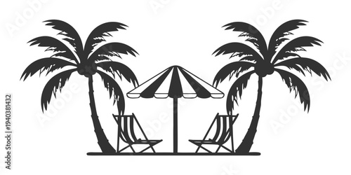 Tropical beach scene with palm trees and deck chairs