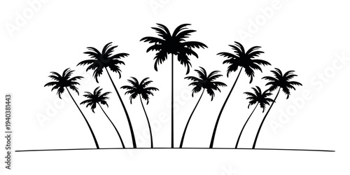Black silhouette of tropical palm trees on white background