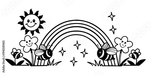 Whimsical garden scene with rainbow and friendly bees