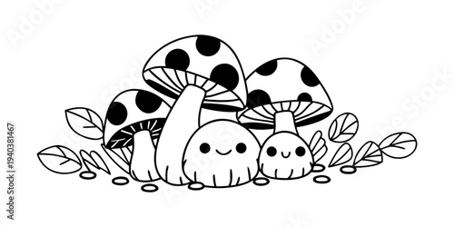 Whimsical illustration of smiling mushrooms and leaves