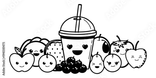 A cartoon illustration of a smiling bubble tea cup surrounded by various fruits