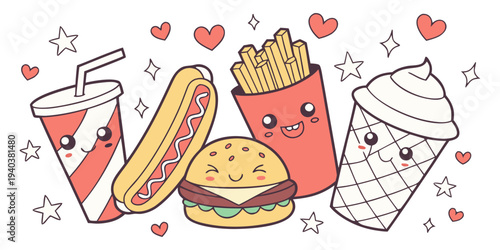 Cartoon fast food items with smiling faces and hearts