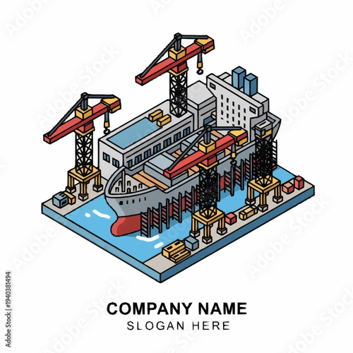 Isometric illustration of a dockyard with cranes and cargo ship.