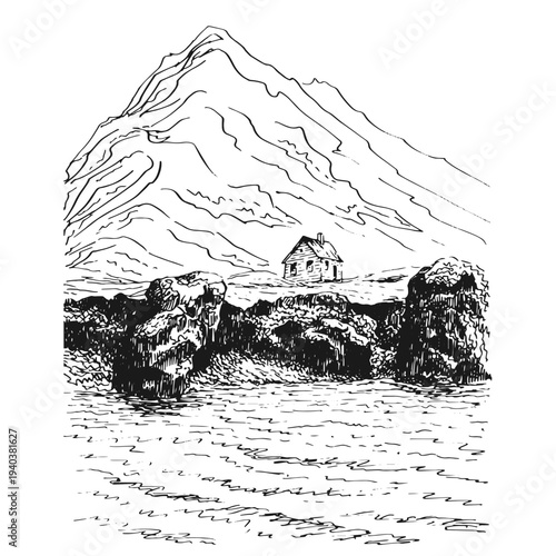Hand drawn nature illustration with mountains and a small house.