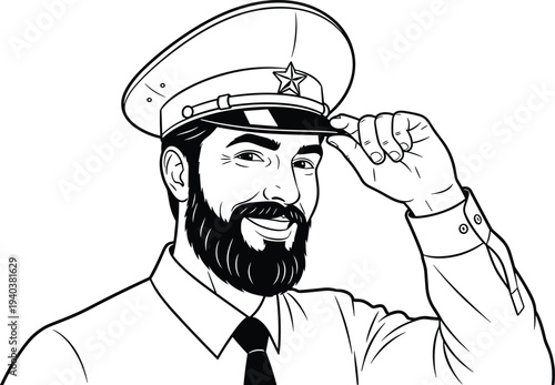 Bearded military officer or pilot in uniform smiling and saluting, hand on cap, vintage line art style illustration on white background.