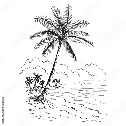 Beach scene with rocks water. Sea coast graphic landscape sketch illustration vector.