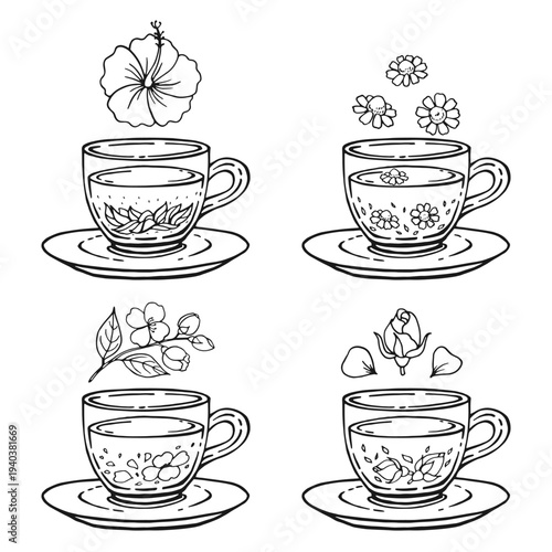 Set glass mugs of tea and saucer. Medicinal tea. Hand drawn vector illustration.