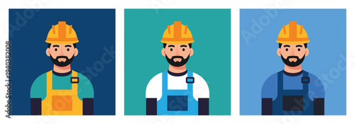 Three cartoon construction workers in different colored hard hats and overalls