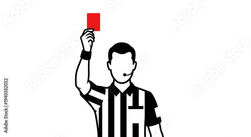 Soccer referee holding up a red card, signaling a penalty, in black and white minimalist design, isolated white background.