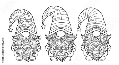 Three cute gnome characters with decorated hats and long beards for coloring book, in black and white outline, isolated white background.