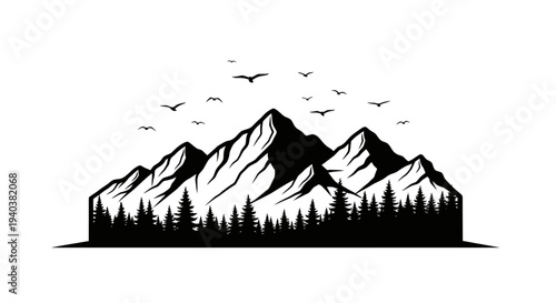 Majestic mountain landscape with pine forest and flying birds, in black and white outline, isolated white background.