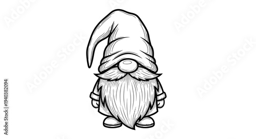 Whimsical Single Gnome Outline Character with Long Beard on Isolated White Background