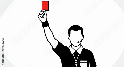 Male soccer referee showing a red card, indicating a penalty or expulsion, wearing a headset on an isolated white background.