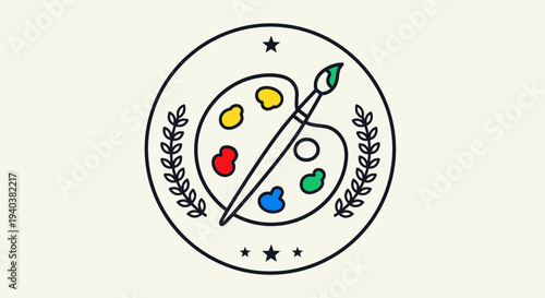 Circular emblem featuring an art palette with colorful paints, a paintbrush, laurel wreath, and stars, symbolizing creativity and artistic achievement in a bright studio.