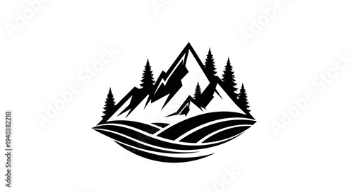 Minimalist landscape illustration featuring mountains, pine trees, and waves, evoking nature and adventure on an isolated white background.