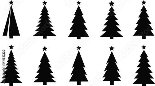 Vector collection of black Christmas tree silhouettes with stars on top in various minimalist designs isolated on white background for holiday winter celebration projects