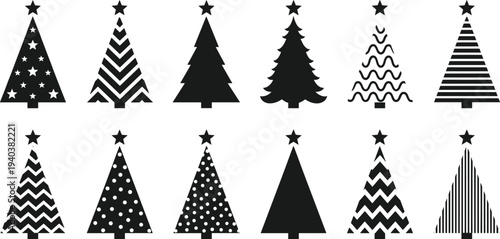 Vector collection of black Christmas tree silhouettes with stars on top featuring various minimalist patterns and geometric designs isolated on white background for winter holiday