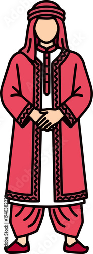 Arab man wearing traditional red thobe and keffiyeh