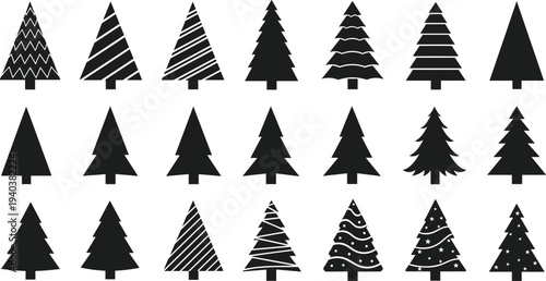 Vector collection of black Christmas tree silhouettes with various minimalist and decorative designs isolated on white background for winter holiday and festive celebration projects