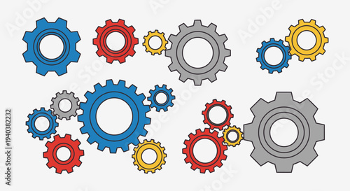 Collection of colorful interconnected gears and cogs, representing teamwork, mechanism, and industrial process on a bright background.