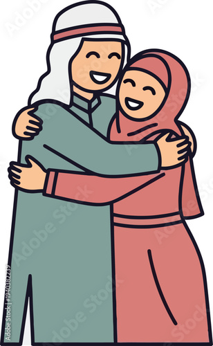 Affectionate muslim couple hugging in traditional attire