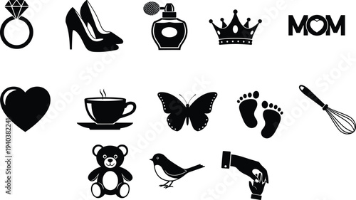 Collection of black feminine and motherhood icons including heart, ring, high heels, crown, butterfly, teddy bear, and mom text isolated.