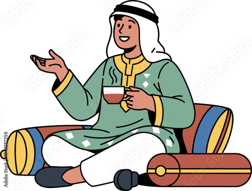 Arab man sitting on floor drinking tea