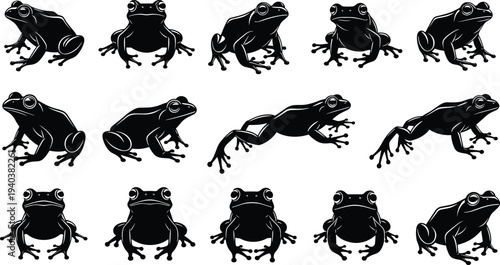 Vector collection of black frog and toad silhouettes featuring various jumping sitting and crawling poses isolated on white background for nature and wildlife design