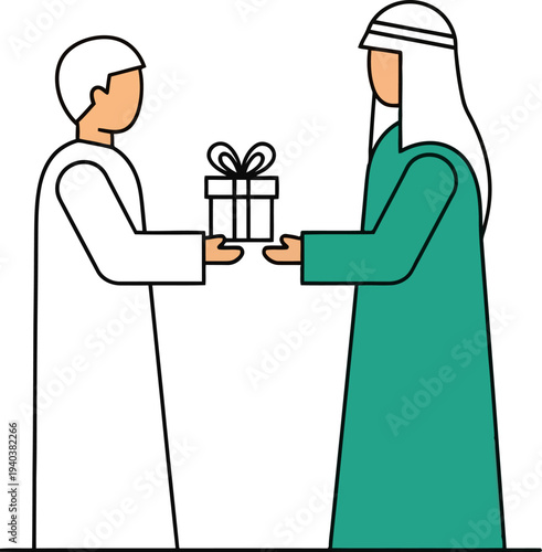 Arab men in traditional robes exchanging gift box