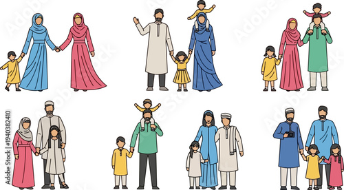 Different muslim family units in traditional attire