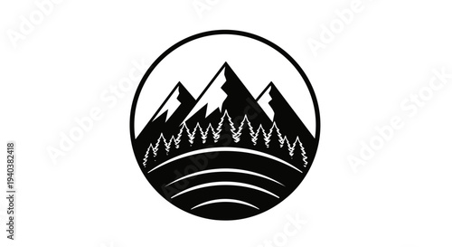 Minimalist black and white mountain range logo with forest trees in a circular frame, symbolizing nature and adventure, isolated on a white background.