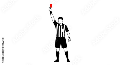 Solid black illustration of a soccer referee showing a red card, symbolizing foul play and discipline, isolated on a white background.